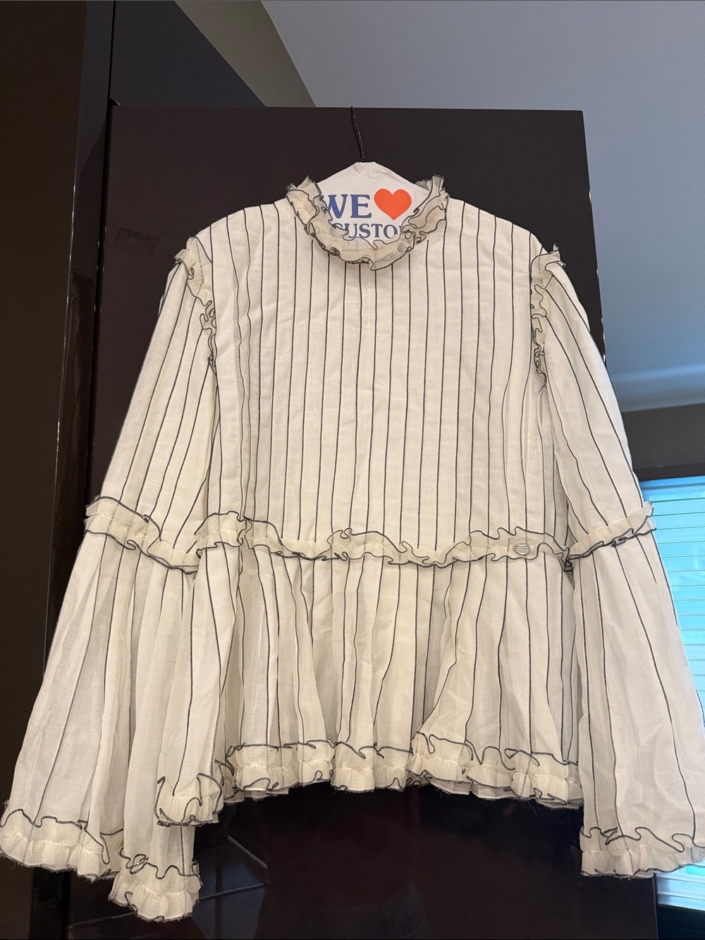 CHANEL White Pinstripe Ruffle Peplum Blouse